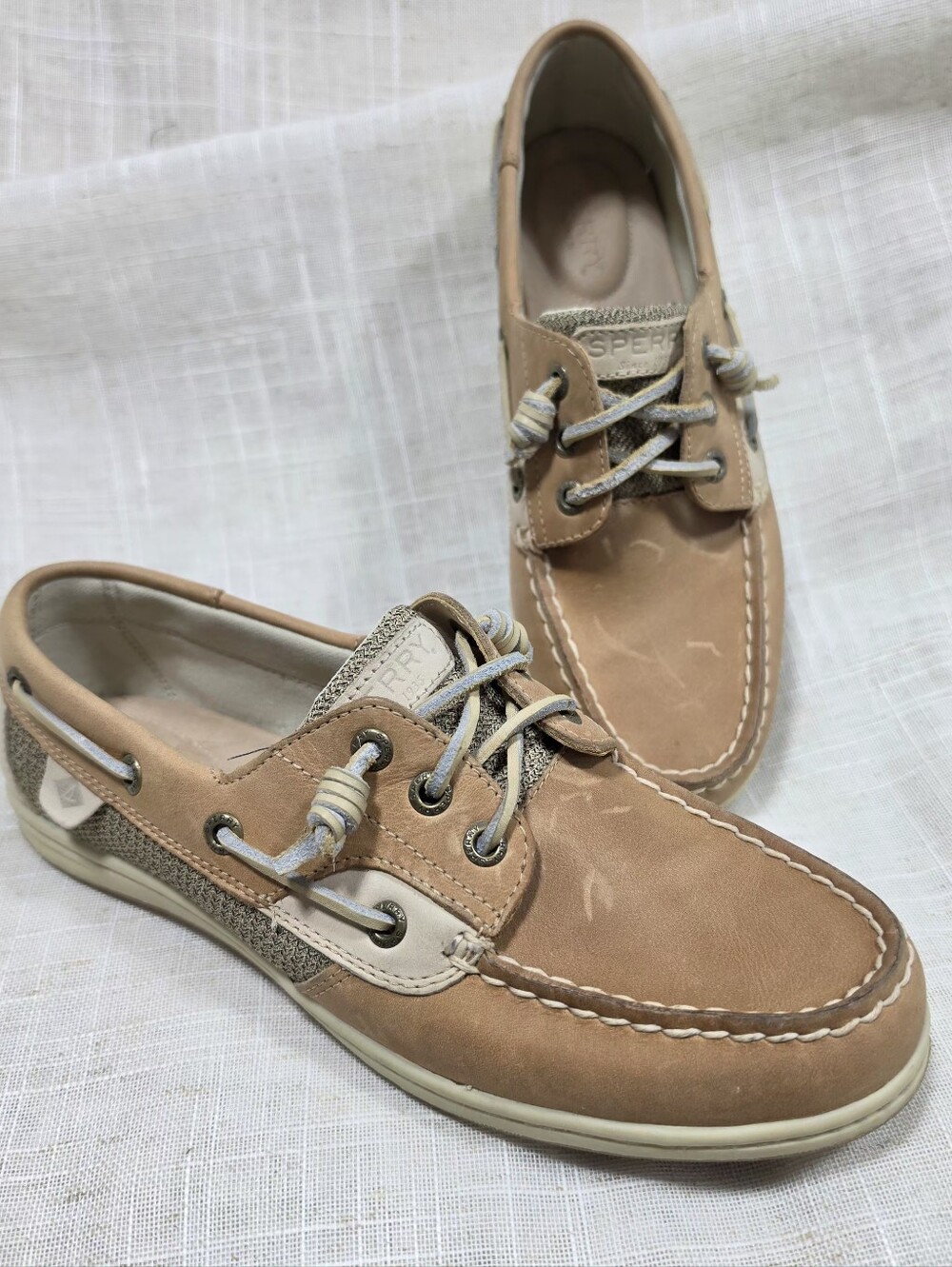 Sperry Top Sider Rosefish 3-Eye Boat Shoes Leather Linen Oat Women’s Size 8.
